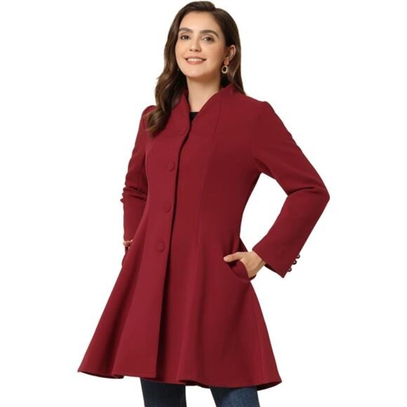 Women's Single Breasted Coat A Line Coats Red - Picture 1 of 6